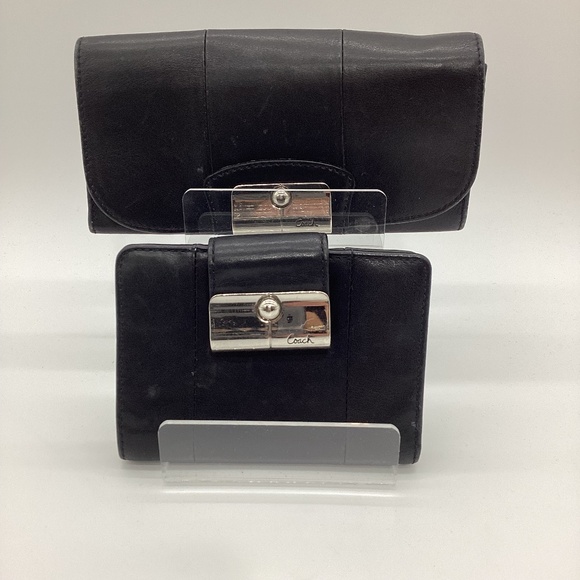 2152. Vintage Coach 2-Piece Wallet Set Black Leather Purple Lining VGUC - Picture 1 of 8